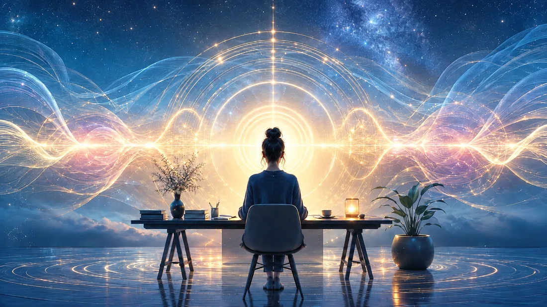 A person working at a desk beneath waves of light rippling across a starlit sky